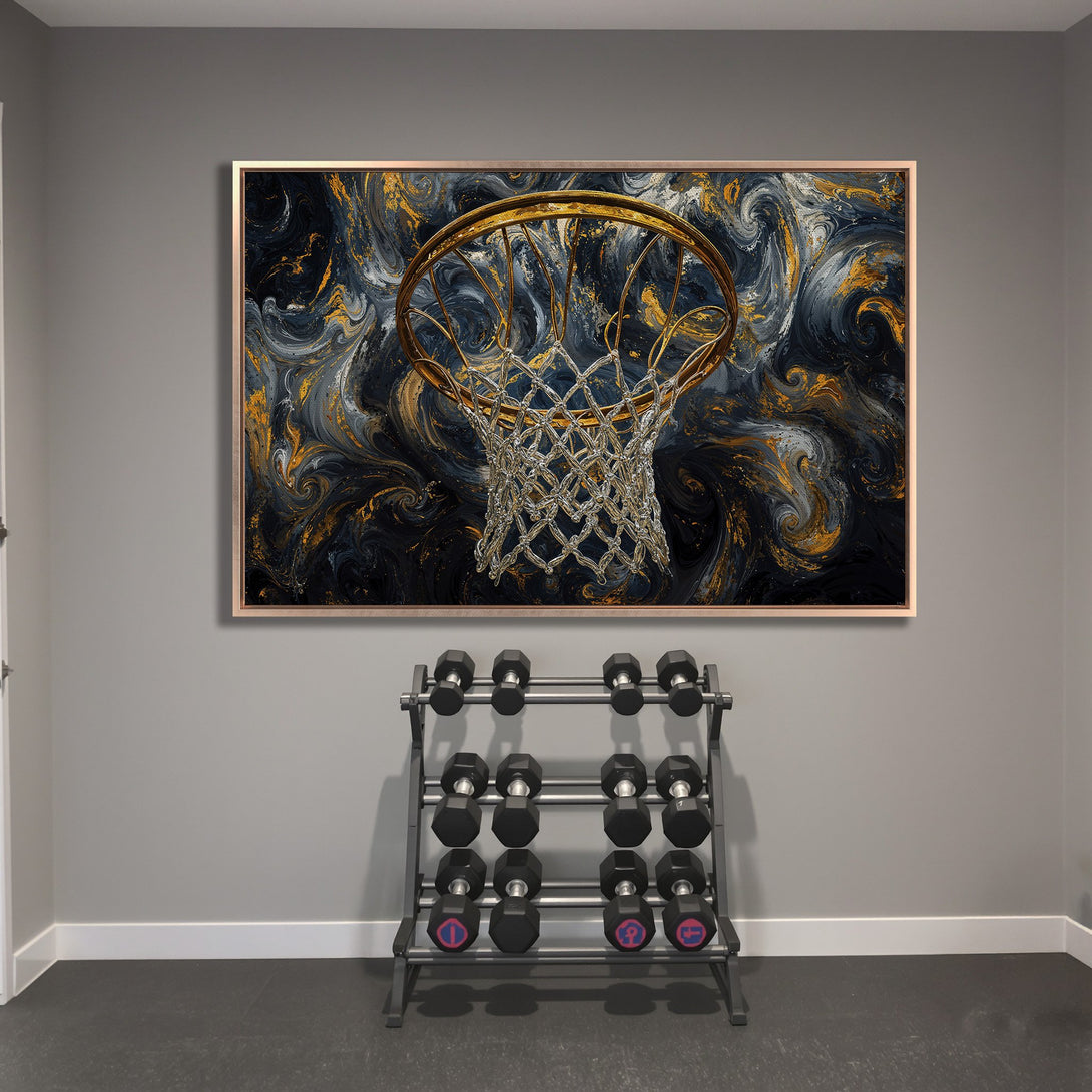 Framed Wall Art: Abstract basketball hoop art in navy, gold, and gray. Modern canvas print for home gym decor.