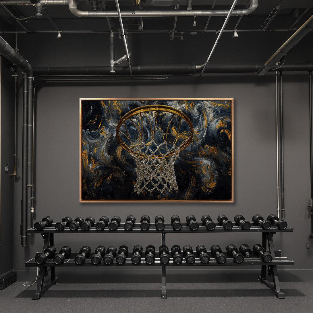 Framed Wall Art: Abstract basketball hoop in gold, navy, and gray tones. Modern art for home or gym decor. Elevate your space with this unique canvas print!
