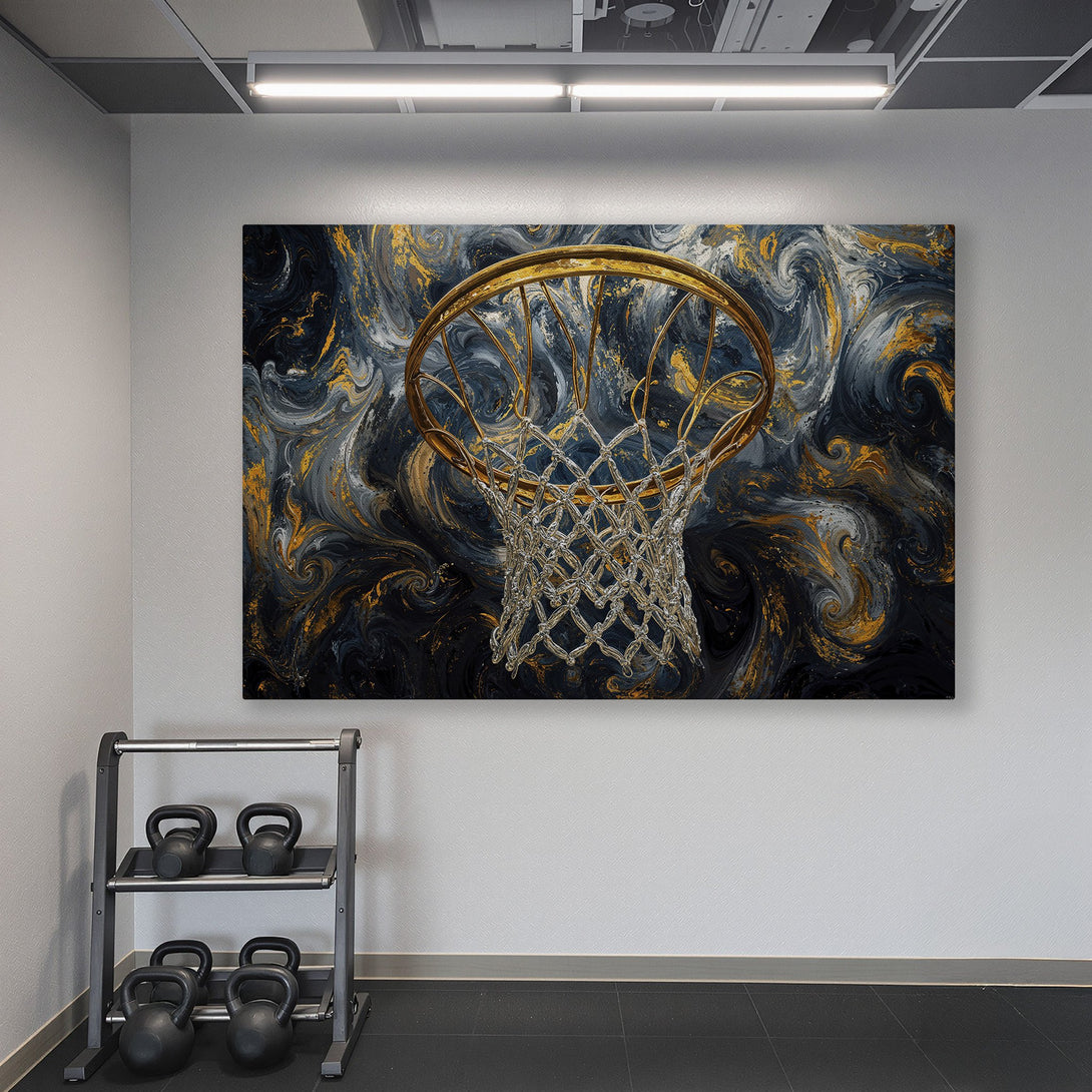 Framed Wall Art featuring a basketball hoop with abstract swirls in black, gold, and gray, perfect for a modern gym aesthetic.