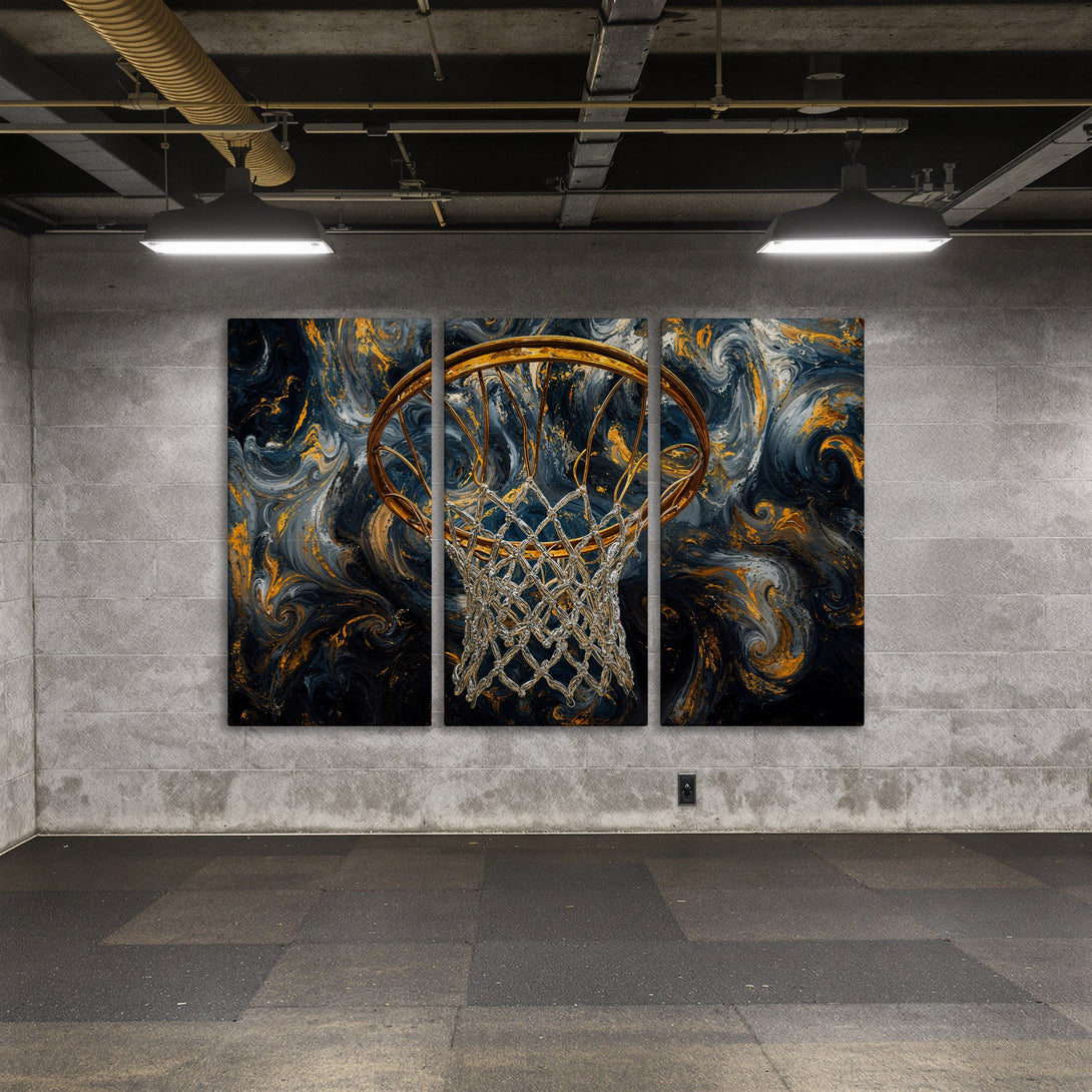 Canvas Print of a basketball hoop with abstract swirls in navy, gold, and gray. Modern wall art for any space.