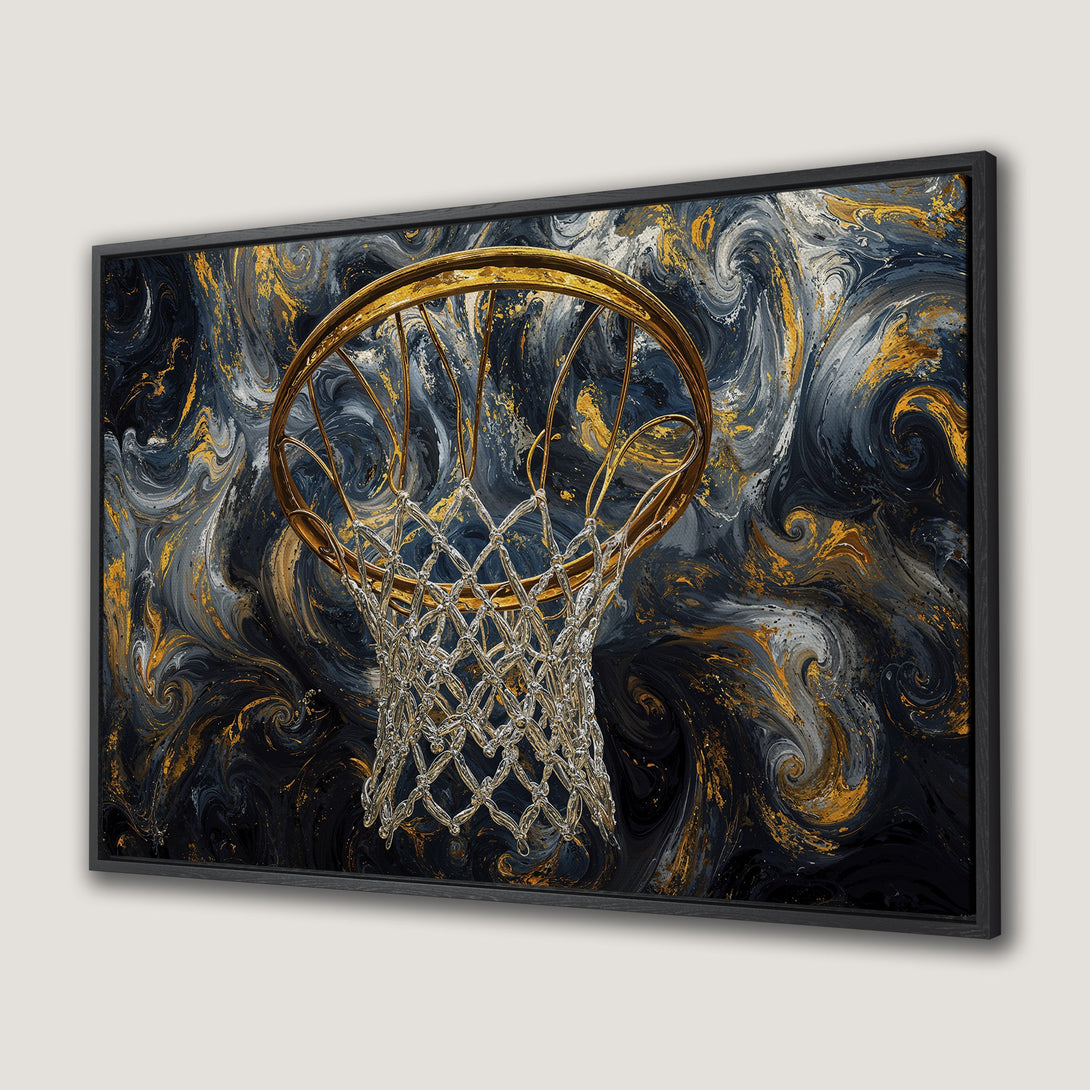 Framed Wall Art: Abstract basketball hoop art in navy, gold, and gray. Modern canvas print for sports fans. Elevate your space with this unique artwork.