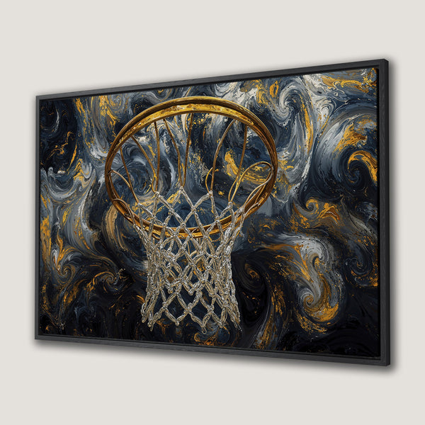 Framed Wall Art: Abstract basketball hoop art in navy, gold, and gray. Modern canvas print for sports fans. Elevate your space with this unique artwork.