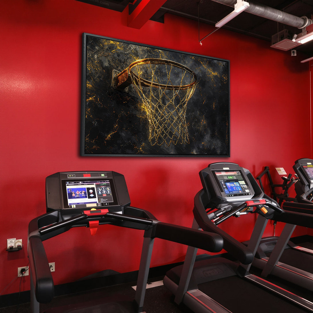 Framed Wall Art: Abstract basketball hoop in gold & black, displayed in a red gym. Elevate your space with this striking Canvas Print!