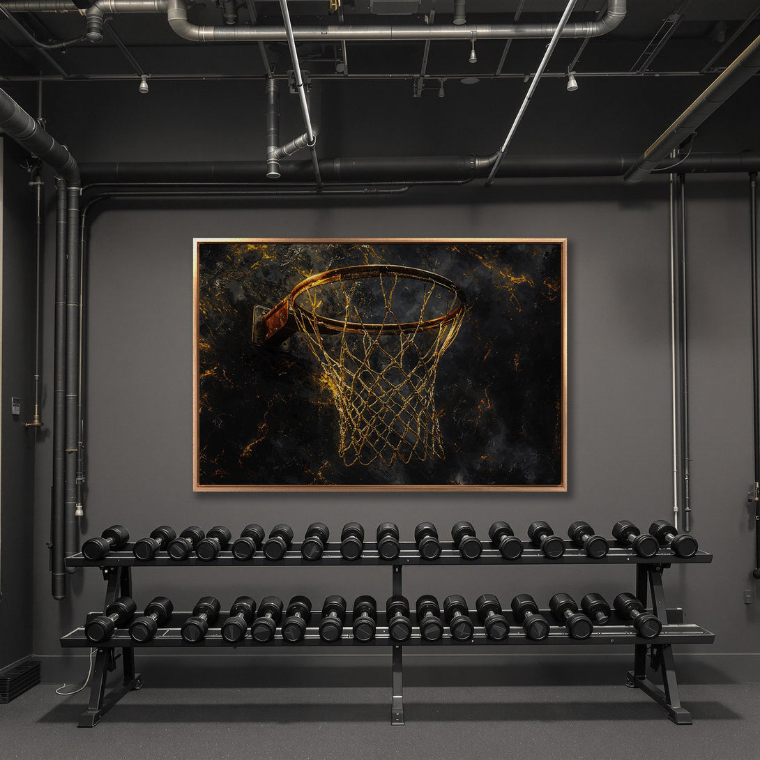 Framed Wall Art: Abstract basketball hoop art in gold and black. Modern design with a luxurious feel. Perfect for gym or home decor.
