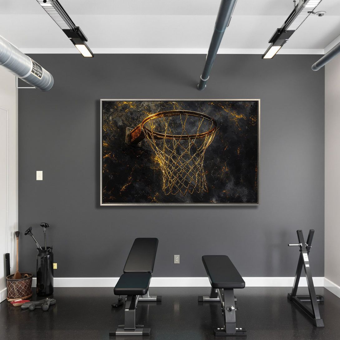 Framed Wall Art: Abstract basketball hoop in gold and black. Modern art canvas print for home gym decor. Adds a touch of luxury to any space.