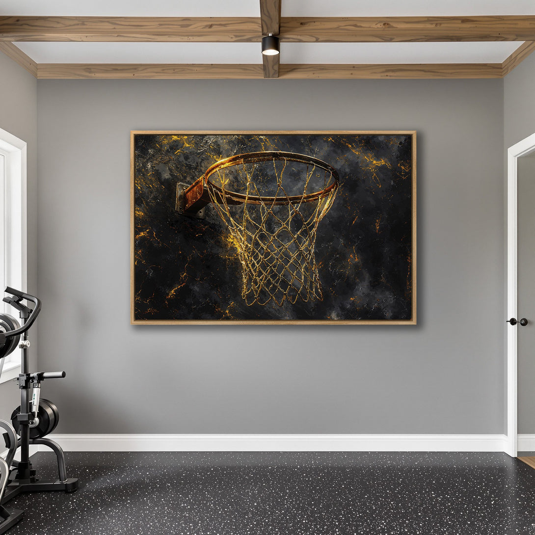 Framed Wall Art: Abstract basketball hoop in black & gold, perfect for modern home decor. Adds a touch of sporty elegance to any room.
