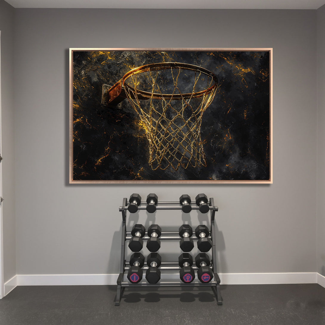 Framed Wall Art: Abstract basketball hoop print in gold & black. Modern art for home gym decor. Elevate your space!