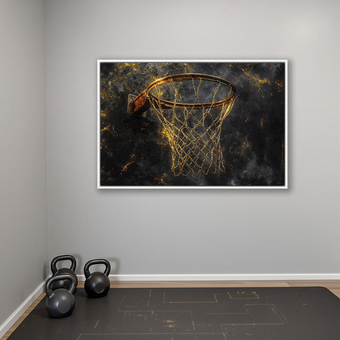 Framed Wall Art: Abstract basketball hoop art with gold accents on a black background. Modern wall decor with a dramatic, eye-catching color palette.