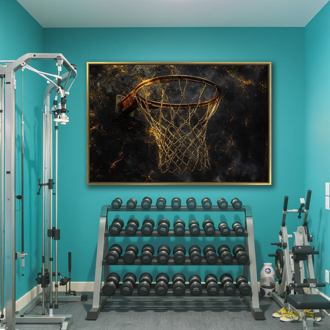 Canvas Print featuring a basketball hoop with a gold and black abstract design. Adds a bold, modern touch to any space.