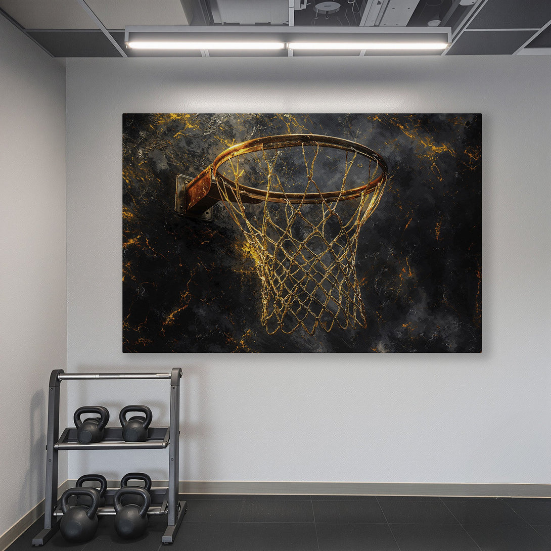 Framed Wall Art of a basketball hoop with gold accents on a black background. Modern art in a gym setting, featuring a teal and gold color palette.