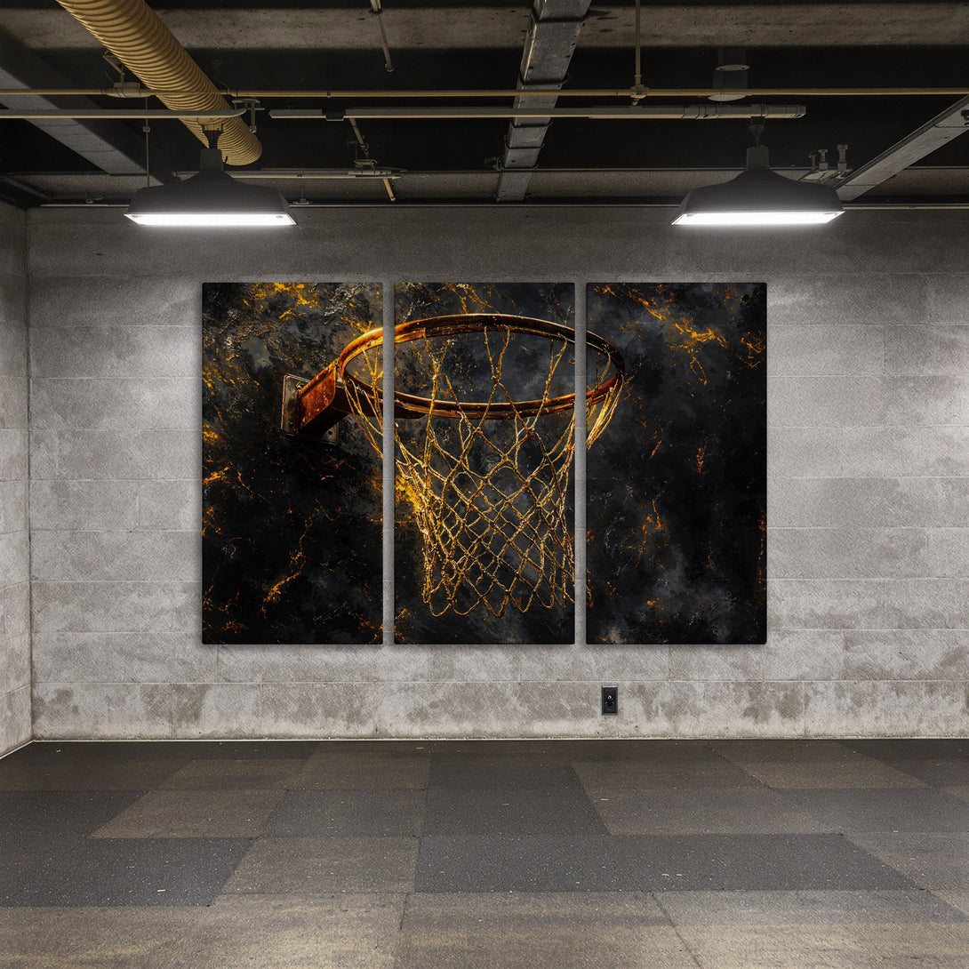 Canvas Print of a basketball hoop with a black and gold abstract design. Modern wall art for a stylish home.