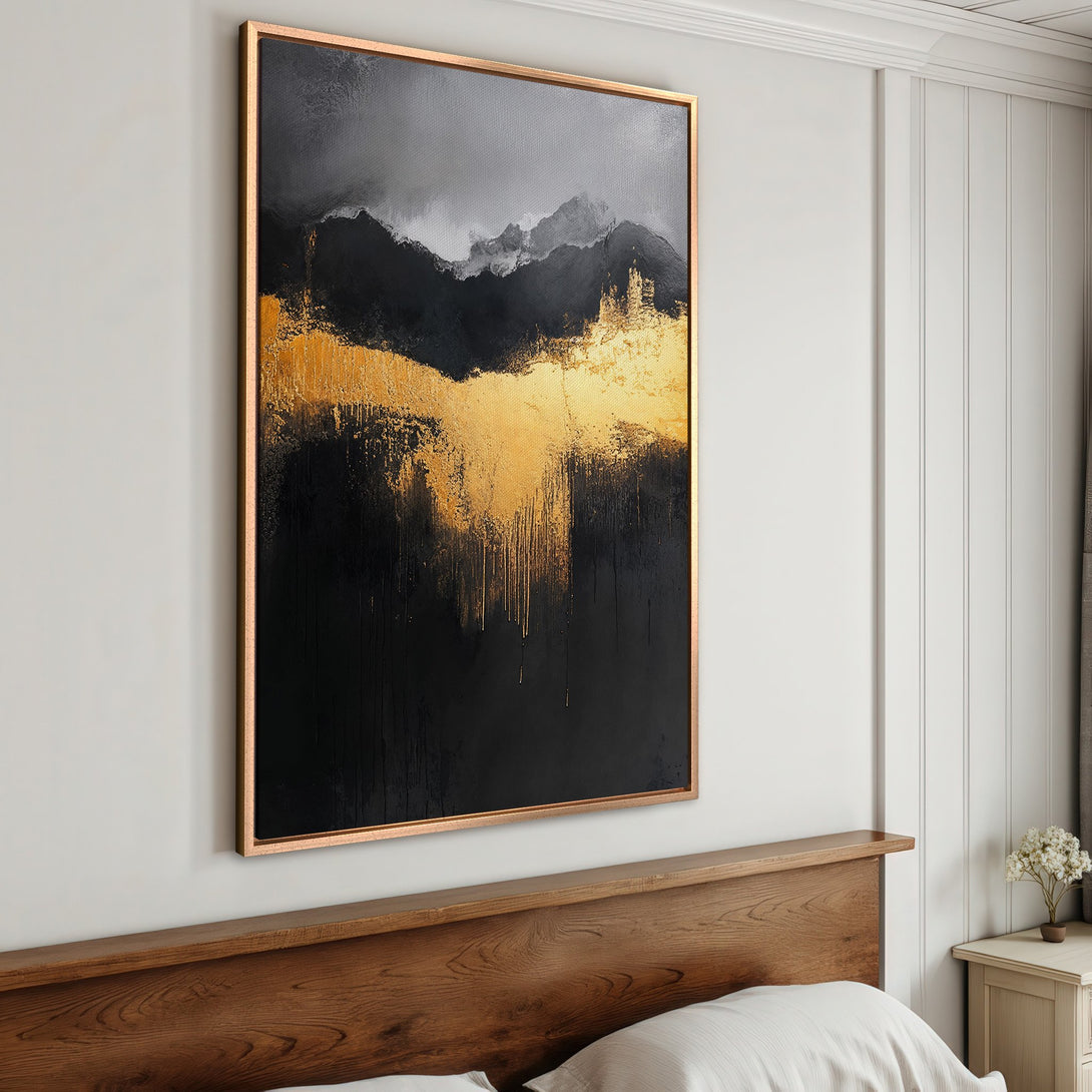 Framed Wall Art: Abstract black and gold canvas print in a bedroom setting. Modern art with a striking monochrome and metallic color palette.