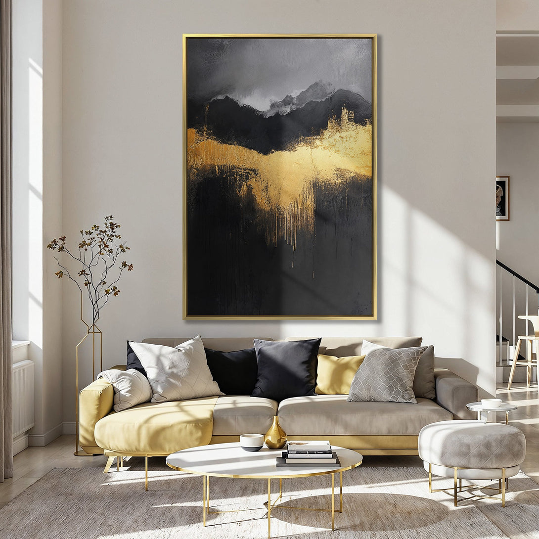 Abstract Canvas Print featuring a black, gold, and gray mountain landscape. Modern art with a luxurious color palette, perfect for any interior.