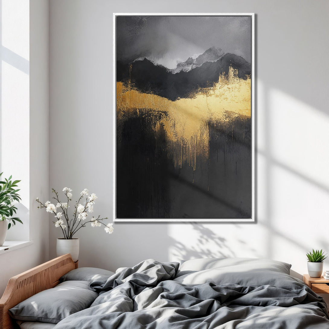 Framed Wall Art: Abstract gold and black painting. Modern art canvas print with a luxurious, minimalist style. Perfect for bedroom decor.