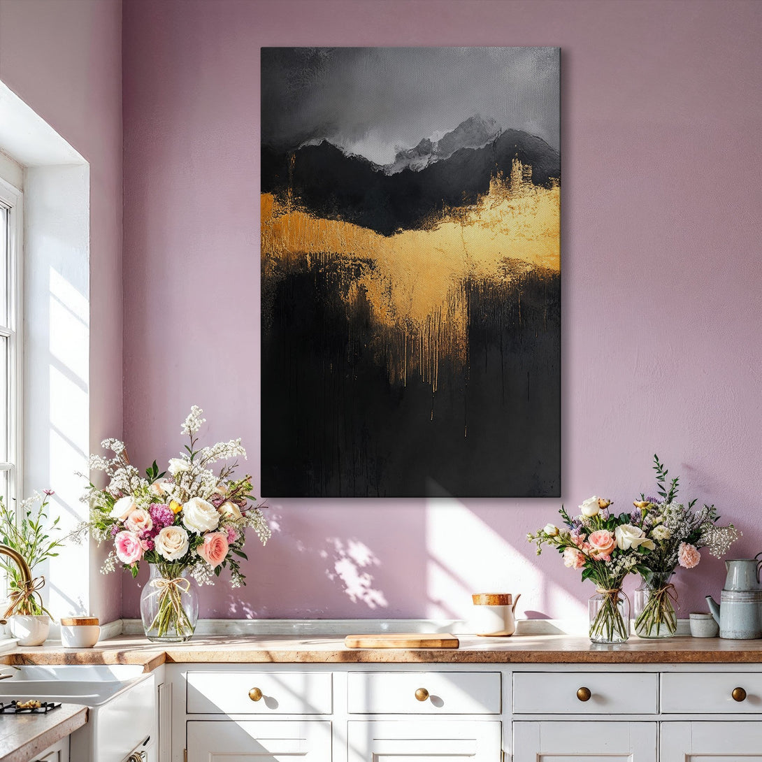 Framed Wall Art: Abstract landscape in black, gold, and gray. Modern art canvas print adds elegance to any interior. Shop now for stunning wall decor!