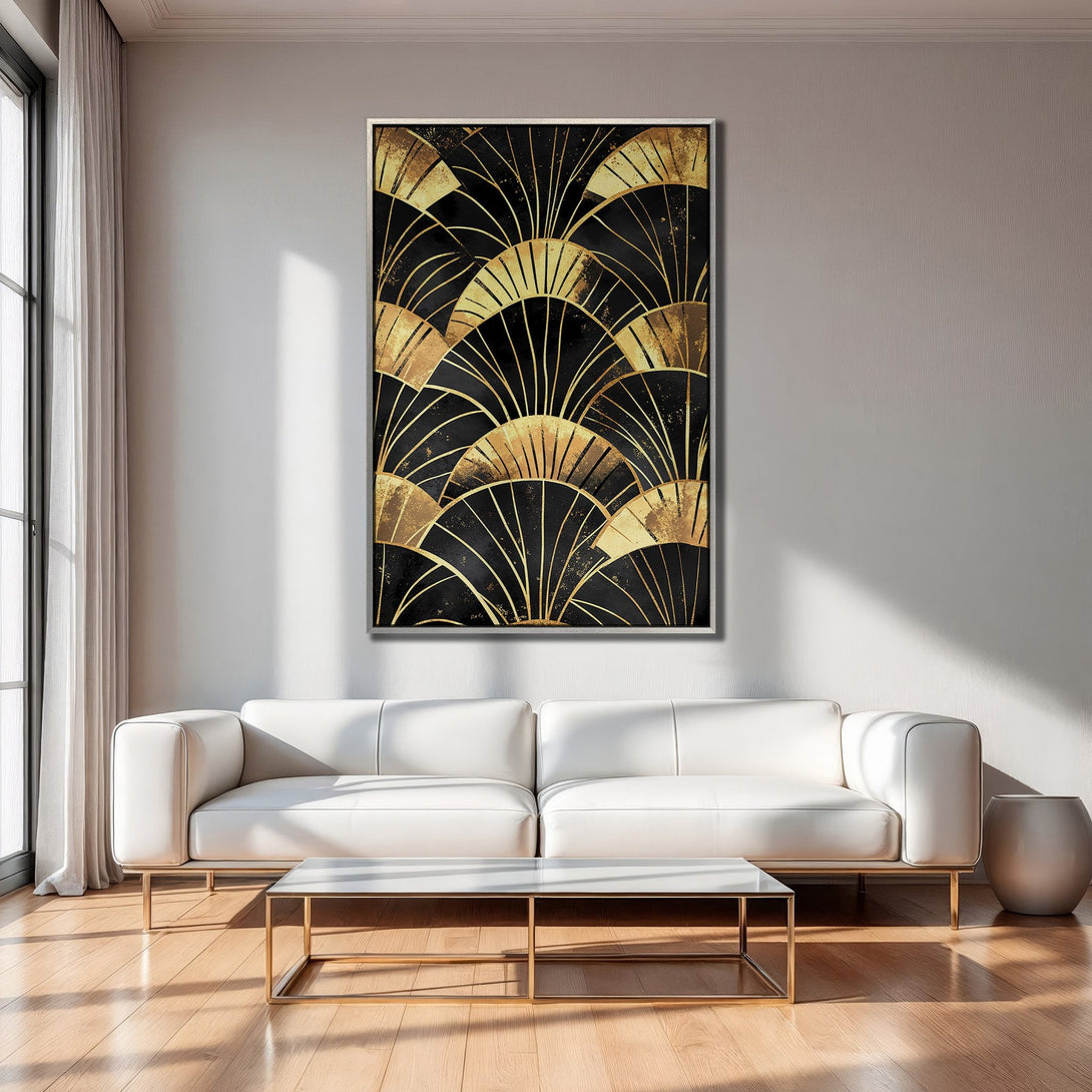 Framed Wall Art: Art Deco fan design in gold & black. Modern canvas print adds luxury to living room decor. Shop now!