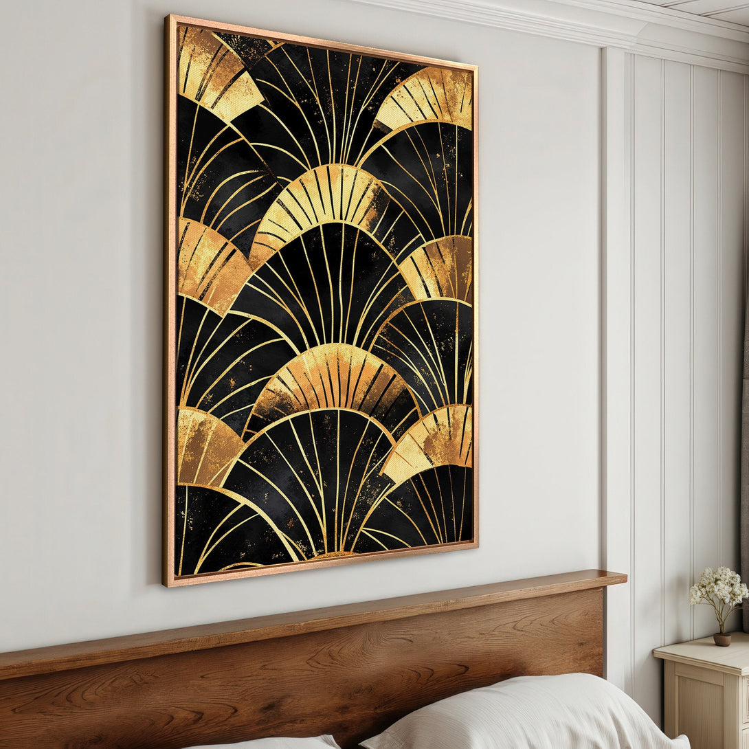 Framed Wall Art: Art Deco fan design in black and gold. Elegant canvas print for modern home decor, adding a touch of luxury and style.