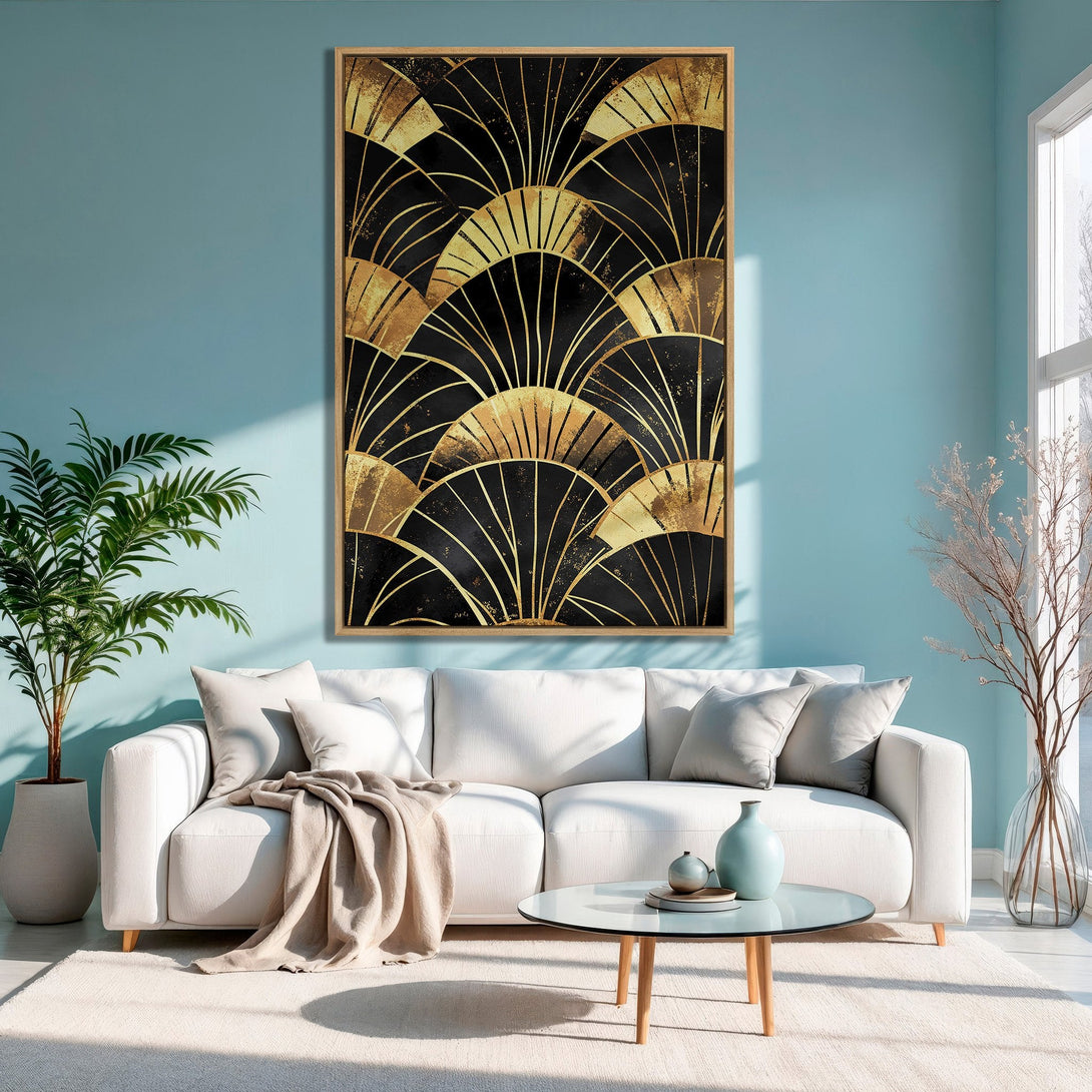 Framed Wall Art: Art Deco fan design in black & gold. Modern Canvas Print for living room decor. Elegant, stylish, & adds a pop of color.