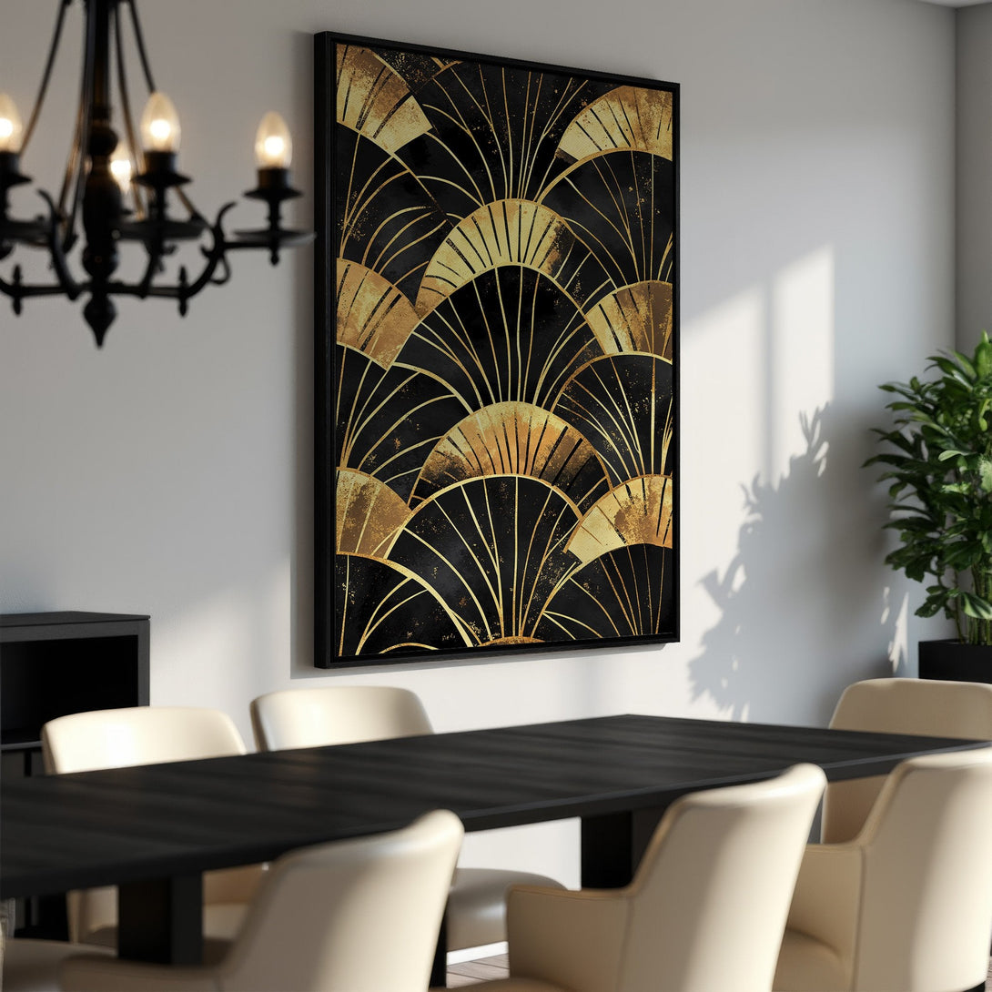 Framed Wall Art: Art Deco fan design in black and gold. Elevate your dining room with this stylish canvas print. Perfect for a modern interior.