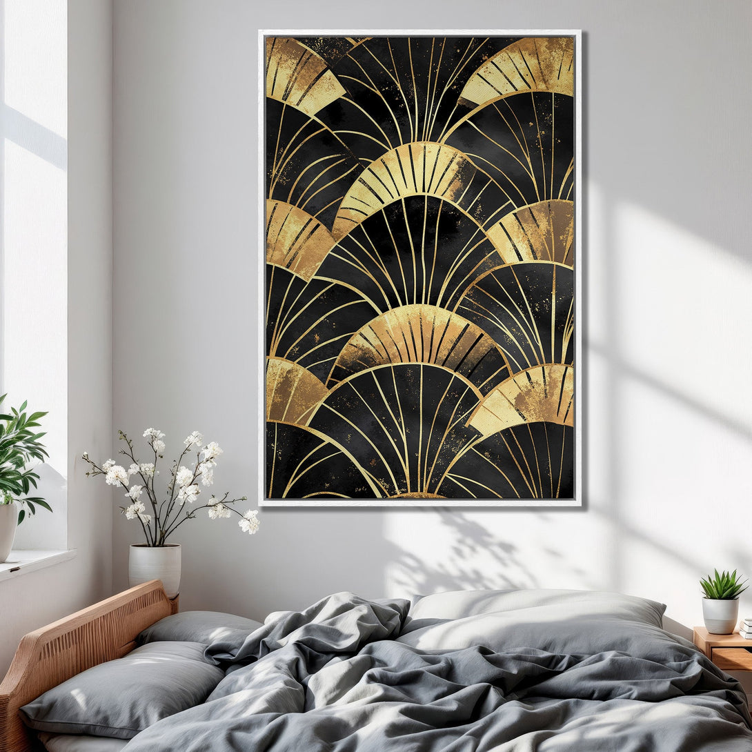 Framed Wall Art: Art Deco fan design in black and gold. Modern canvas print adds a touch of luxury to any bedroom decor.