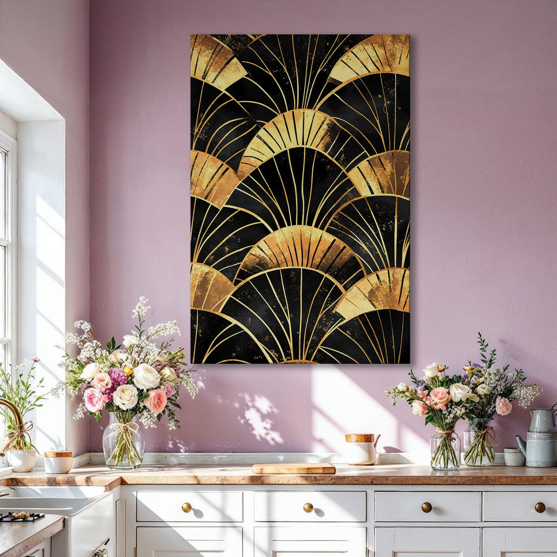 Framed Wall Art featuring an Art Deco fan design in black and gold. Modern, elegant canvas print with a luxurious color palette. Perfect for home decor.