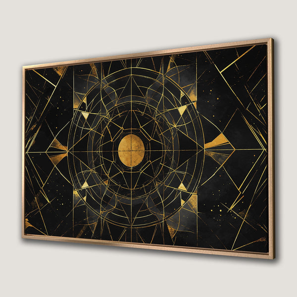 Framed Wall Art featuring a geometric gold design on a black background. Modern abstract art with a luxurious gold and black color palette.