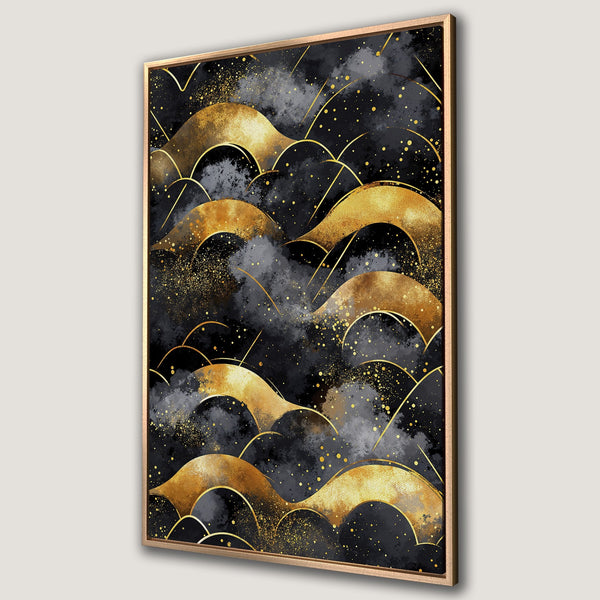 Framed Wall Art: Abstract gold wave design on black canvas. Modern art print with a luxurious gold and black color palette. Perfect for home decor.