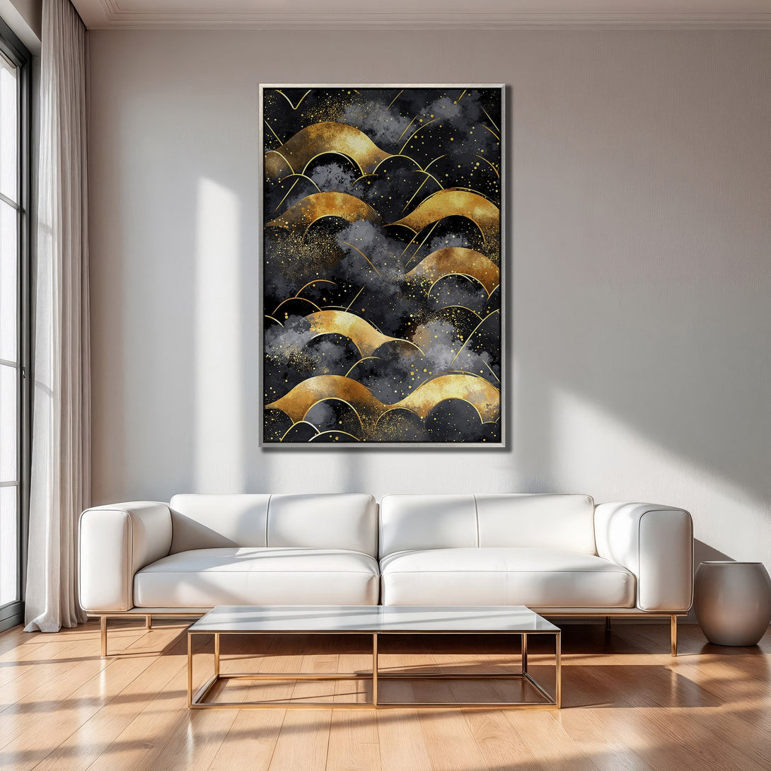 Framed Wall Art: Abstract gold wave design on black background. Modern art canvas print with gold and black color palette. Perfect for home decor.
