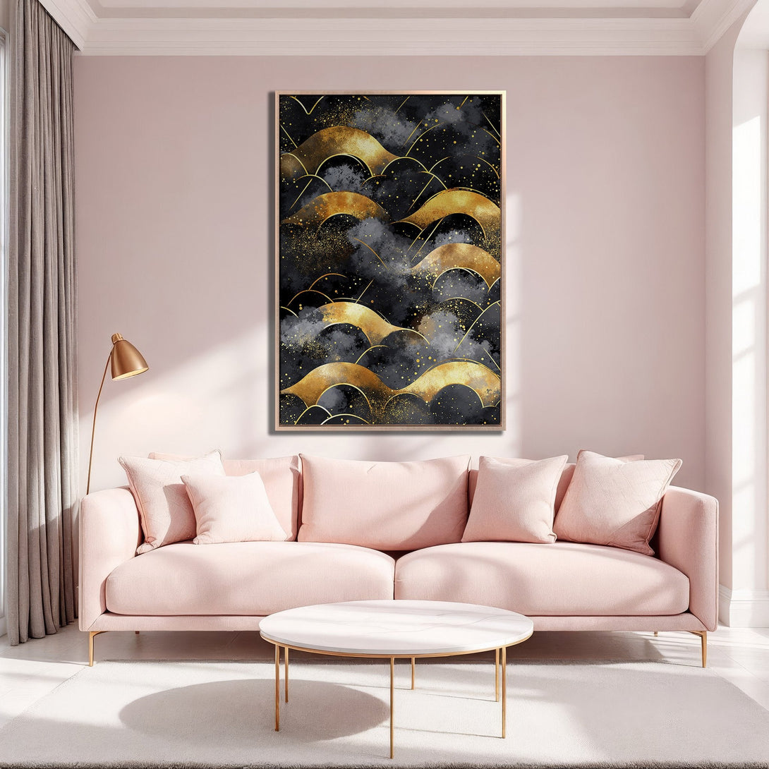Framed Wall Art featuring a modern abstract design with gold accents on a black backdrop. Adds a touch of elegance to any room.
