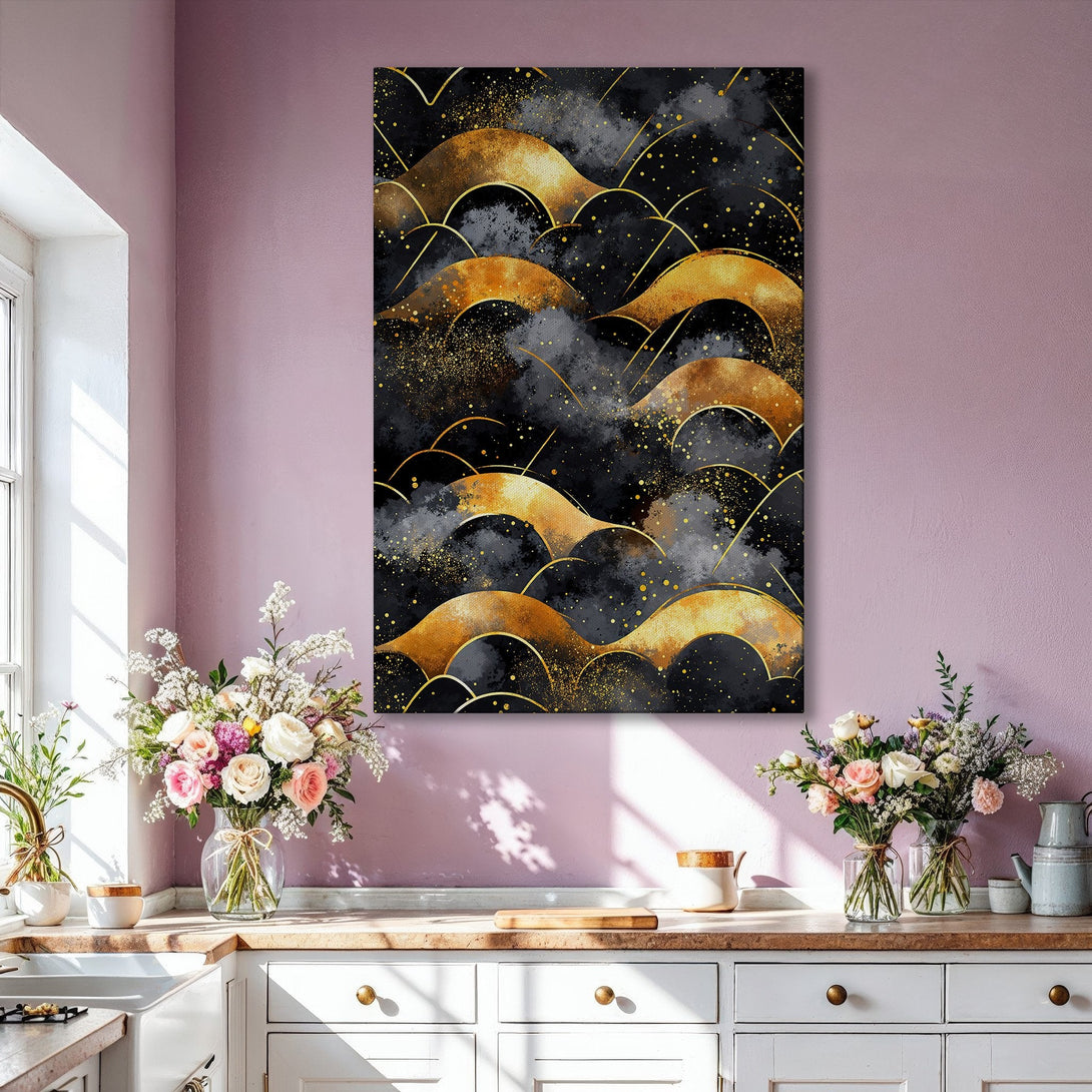 Framed Wall Art featuring an abstract gold and black design. Modern art print with a luxurious color palette, perfect for living room decor.