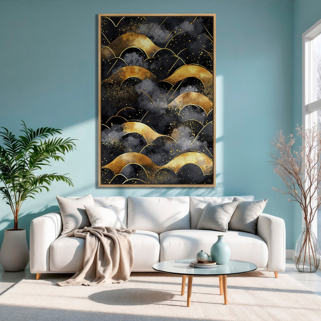 Framed Wall Art: Abstract gold wave design on black canvas, modern art for living room. Elegant decor with gold, black, and teal color palette.