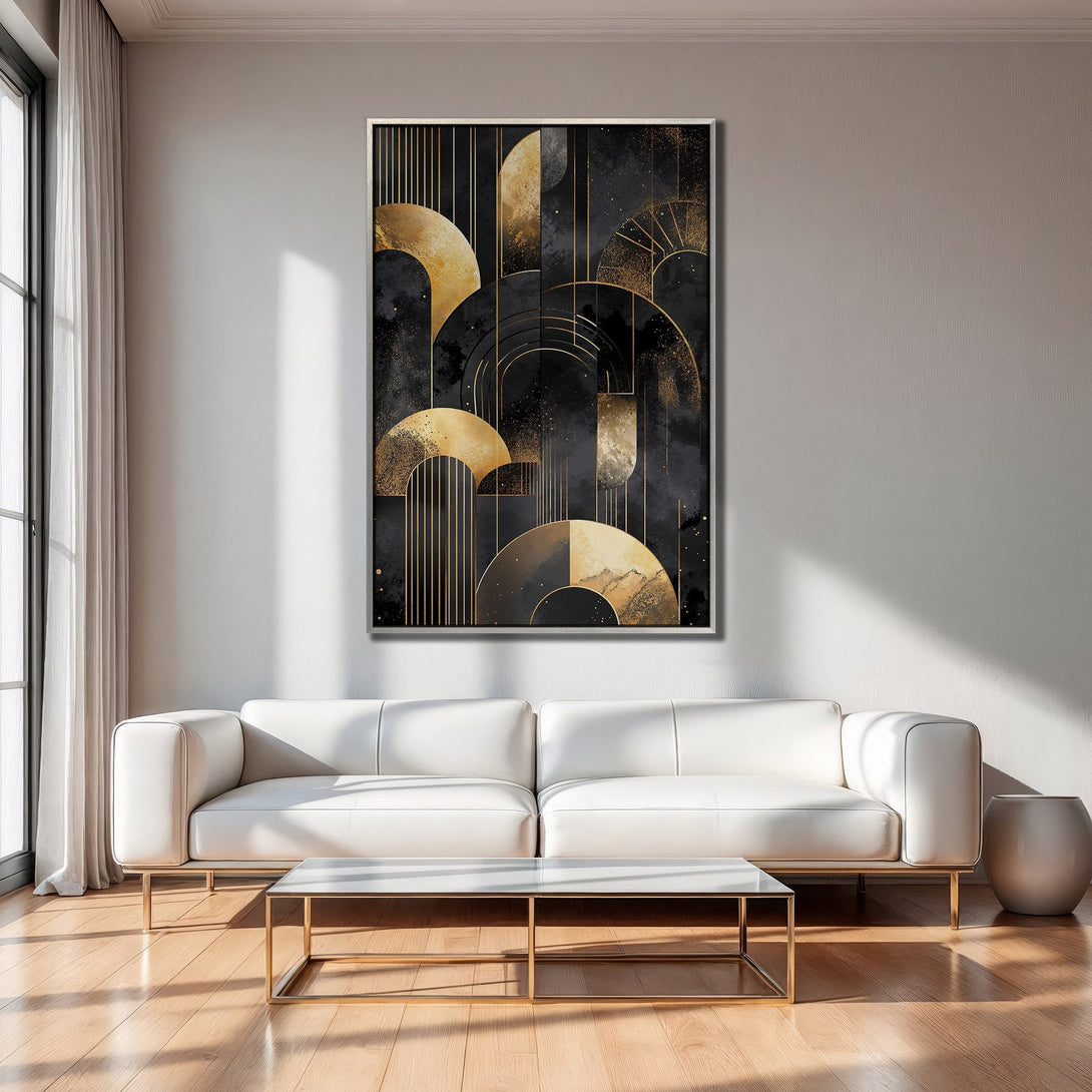 Framed Wall Art featuring a modern abstract design in black and gold, perfect for adding a touch of luxury to any interior.