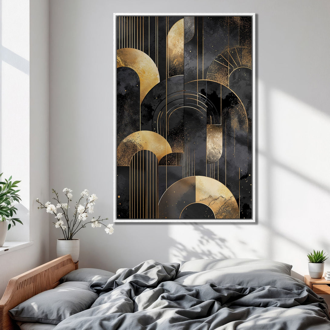 Framed Wall Art featuring an abstract geometric design in black and gold, perfect for adding a touch of luxury to your bedroom decor.