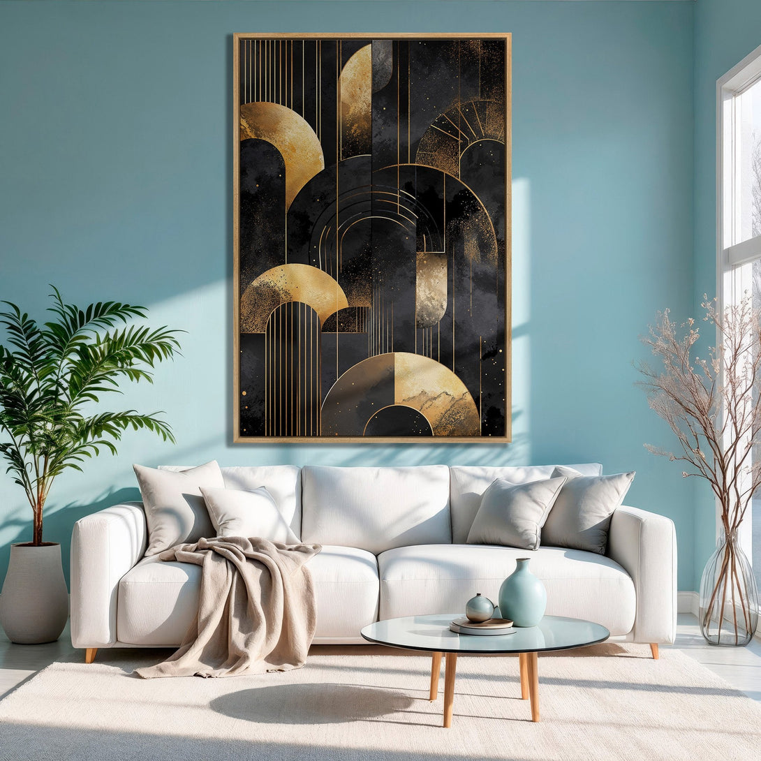 Framed Wall Art: Abstract geometric design in black and gold. Modern canvas print with a luxurious touch, perfect for living room decor.