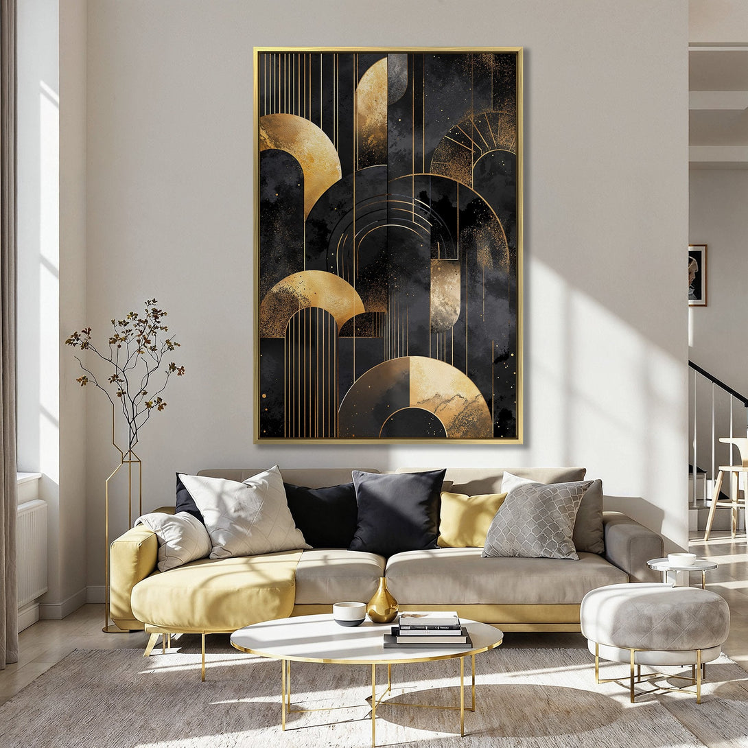 Abstract Canvas Print featuring gold geometric shapes on a black background. Modern wall art in a luxurious gold and black color palette.