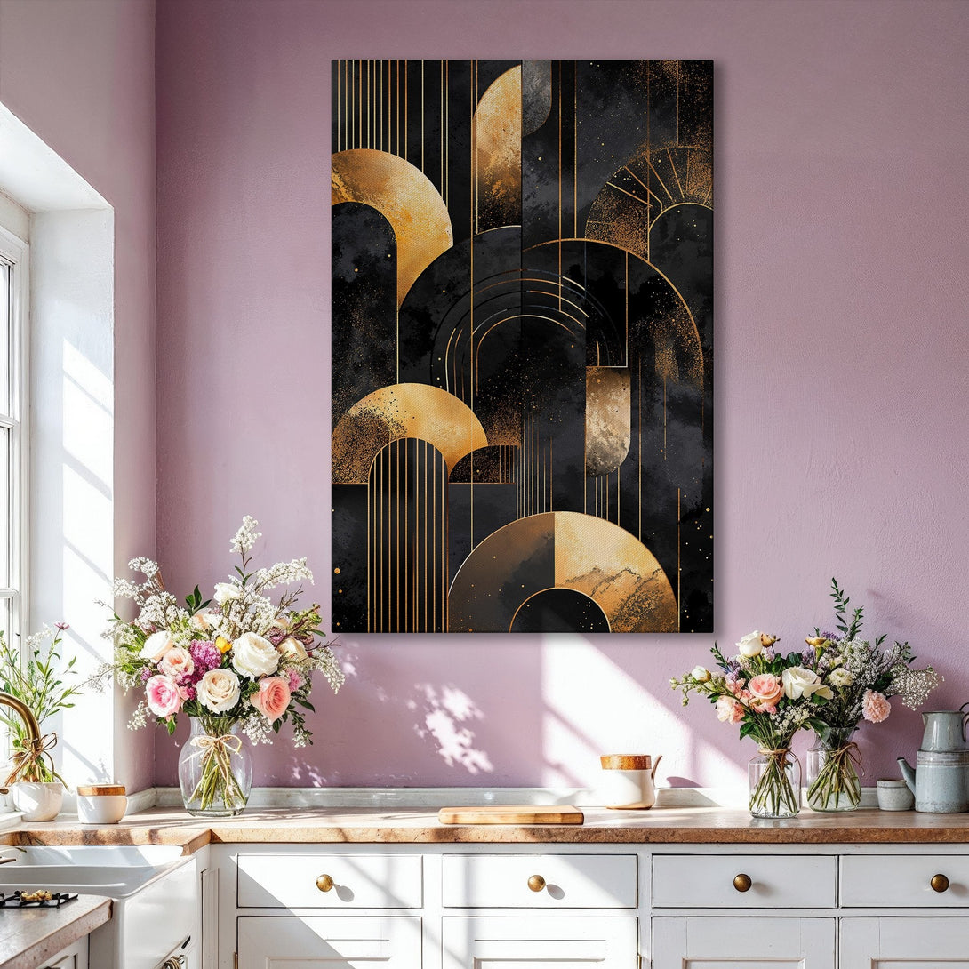 Framed Wall Art: Abstract geometric design in gold and black. Modern art canvas print adds a touch of luxury to any interior. Shop now!