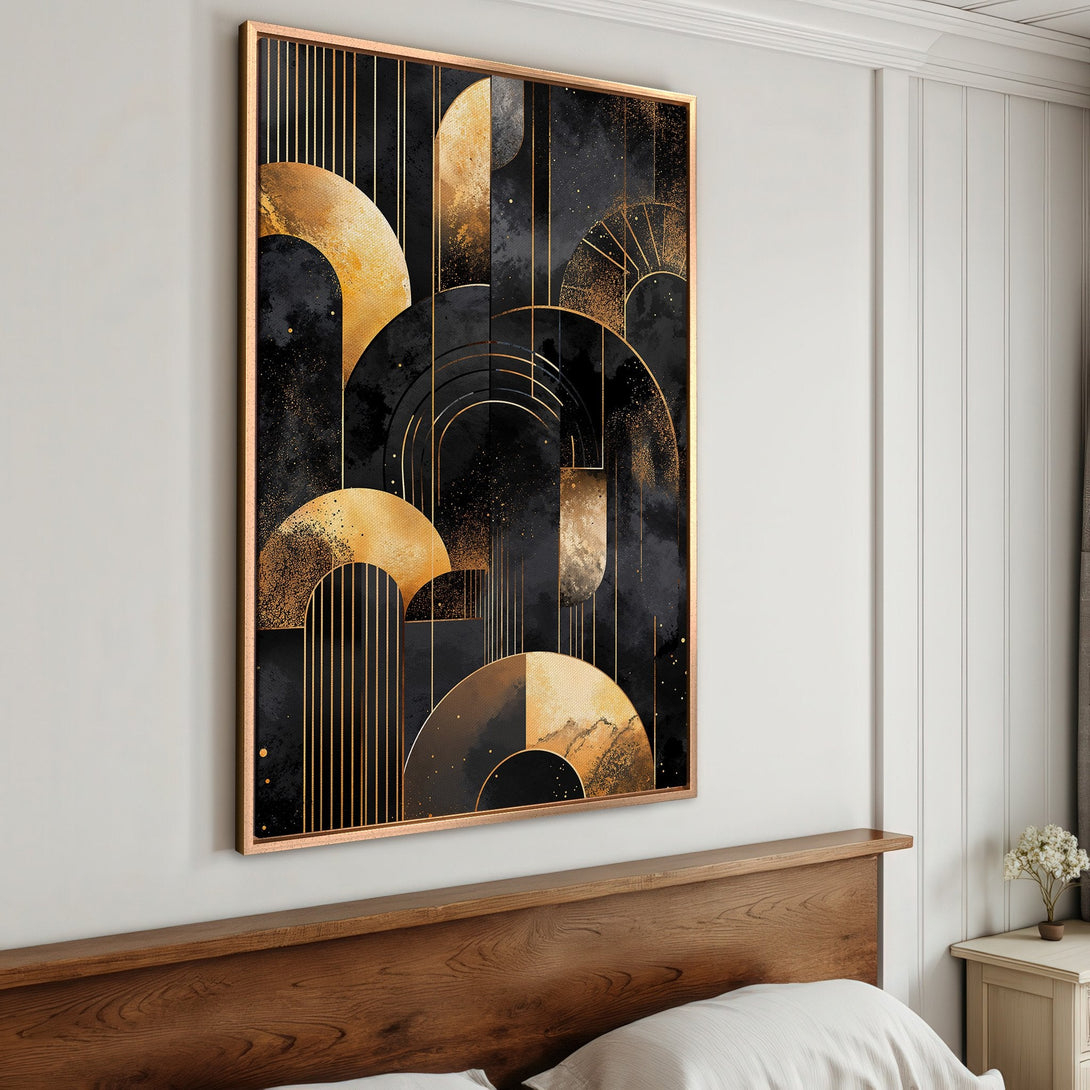 Framed Wall Art featuring an Art Deco design with gold and black geometric shapes, perfect for adding a touch of luxury to your home decor.