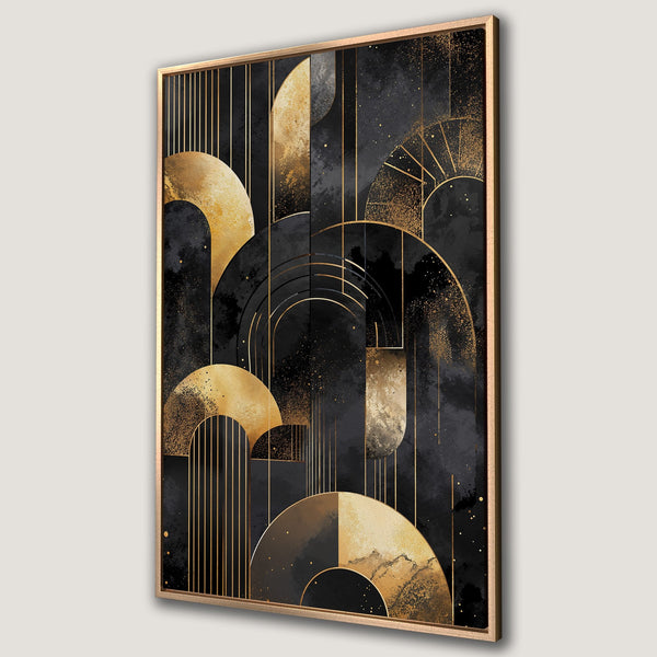 Framed Wall Art: Abstract geometric art in black and gold. Modern design Canvas Print with Art Deco style, perfect for a sophisticated interior.
