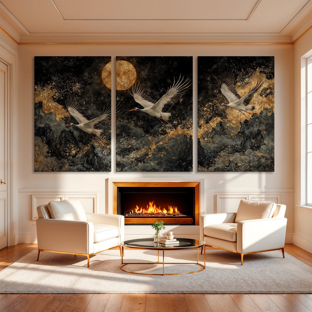 Stunning Canvas Print triptych featuring elegant cranes in flight, dramatic black and gold abstract art. Perfect for adding a touch of luxury to your space.