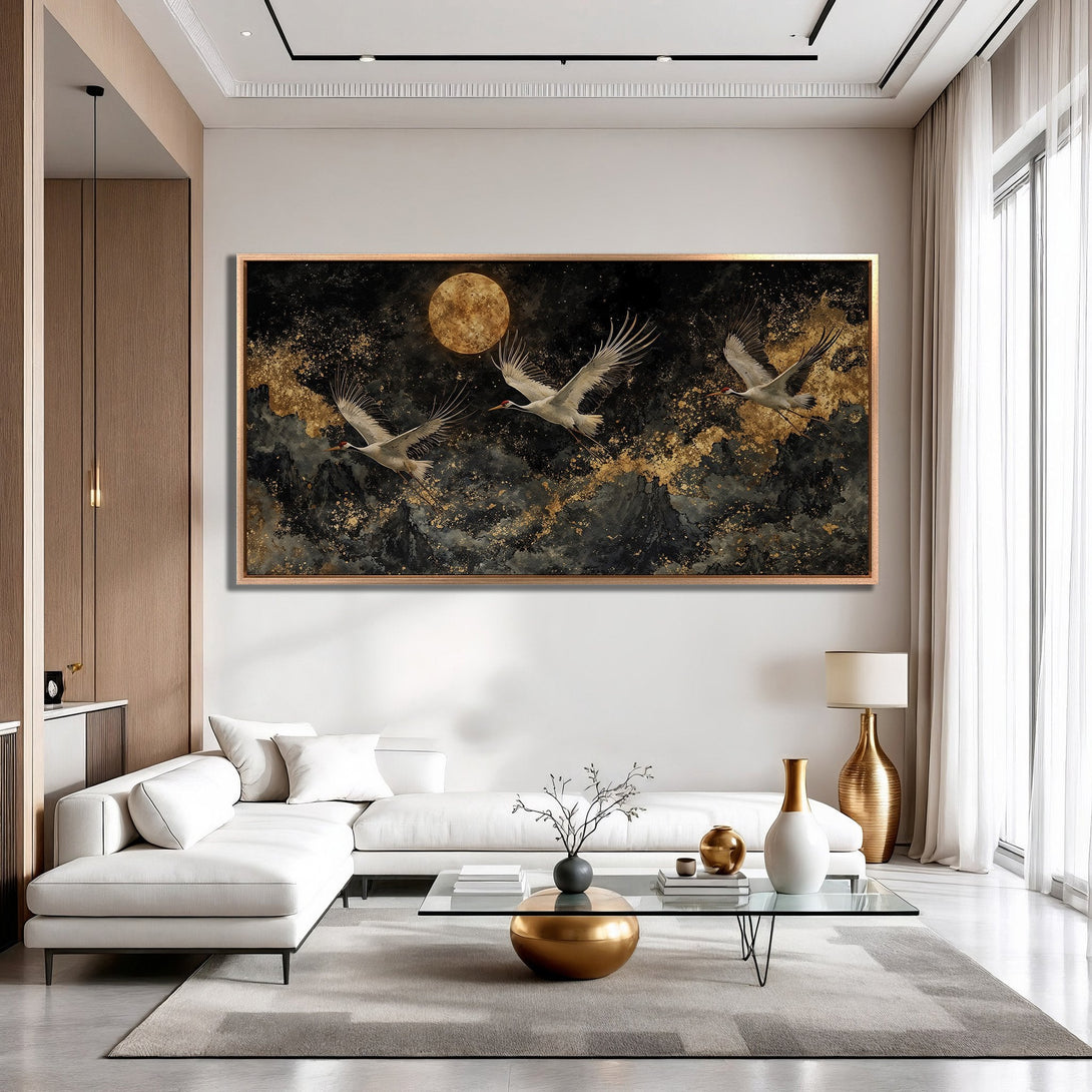 Framed Wall Art: Elegant crane art in a modern interior. Black, gold, and white color palette. Enhance your space with this stunning Canvas Print.