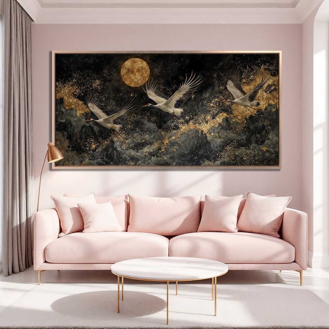 Framed Wall Art: Crane painting with gold accents. Modern art in a black, gold, and white color palette, displayed in a stylish interior.