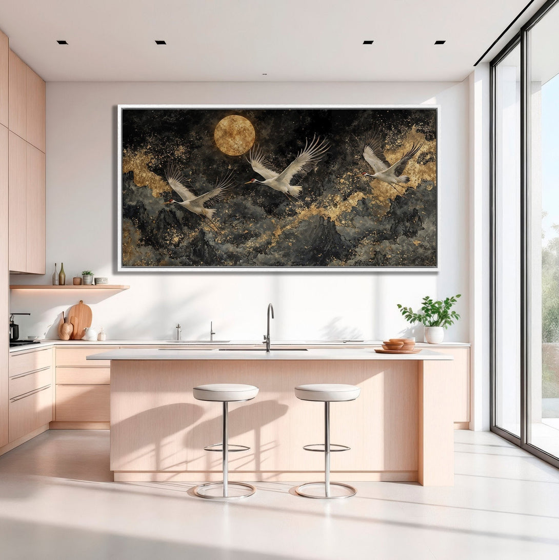 Framed Wall Art: Elegant crane painting in black, gold, and white. Modern style Canvas Print adds a touch of zen to any space. Shop now!