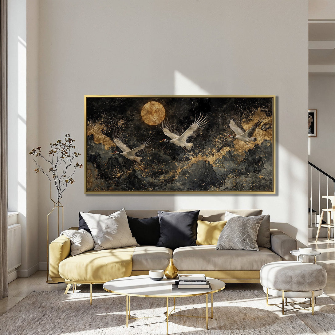 Canvas Print featuring cranes in flight over mountains, with a gold and black color palette, perfect for modern home decor.