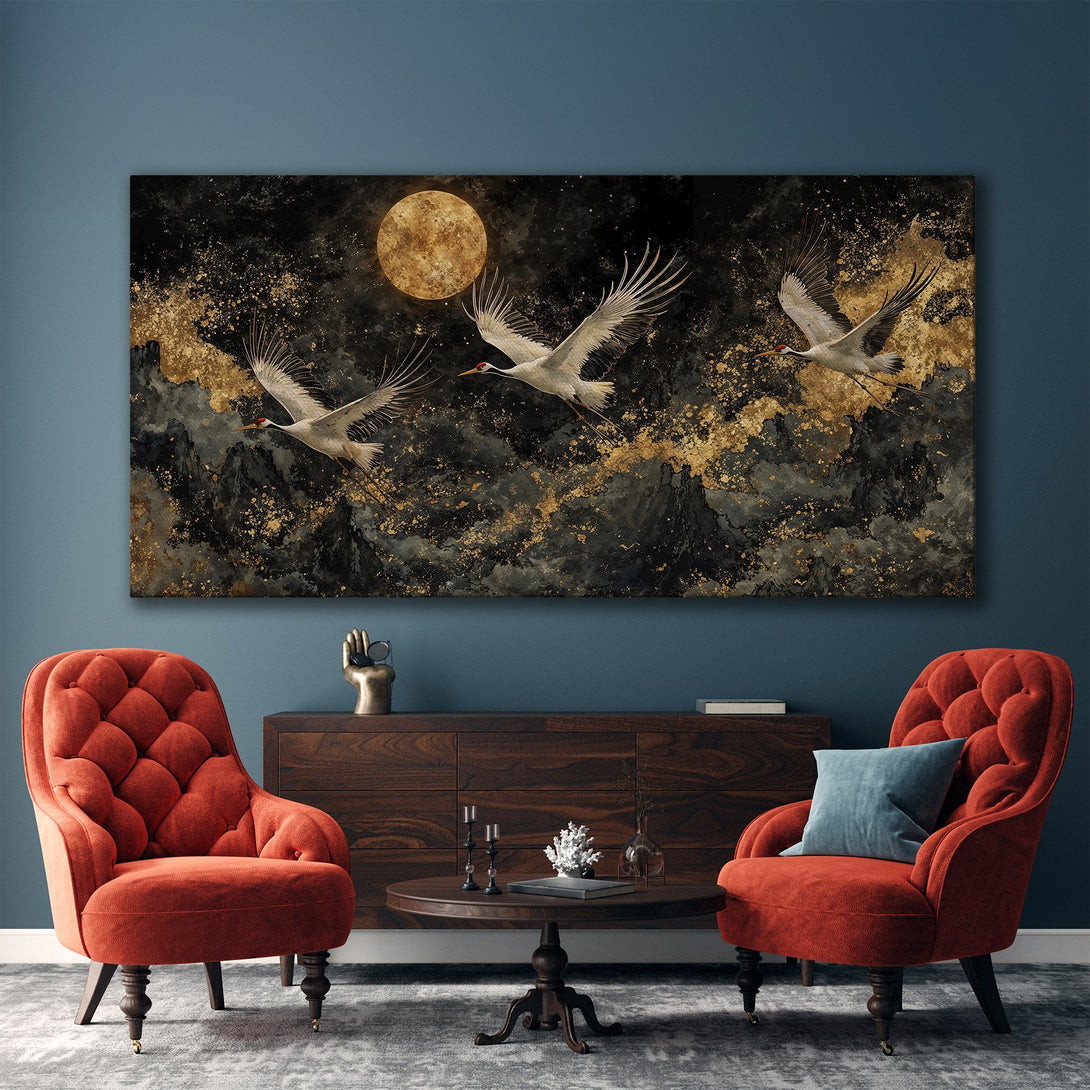 Framed Wall Art featuring elegant cranes in flight, set against a dark, gold-accented landscape. Modern art canvas print adds sophistication to any interior.