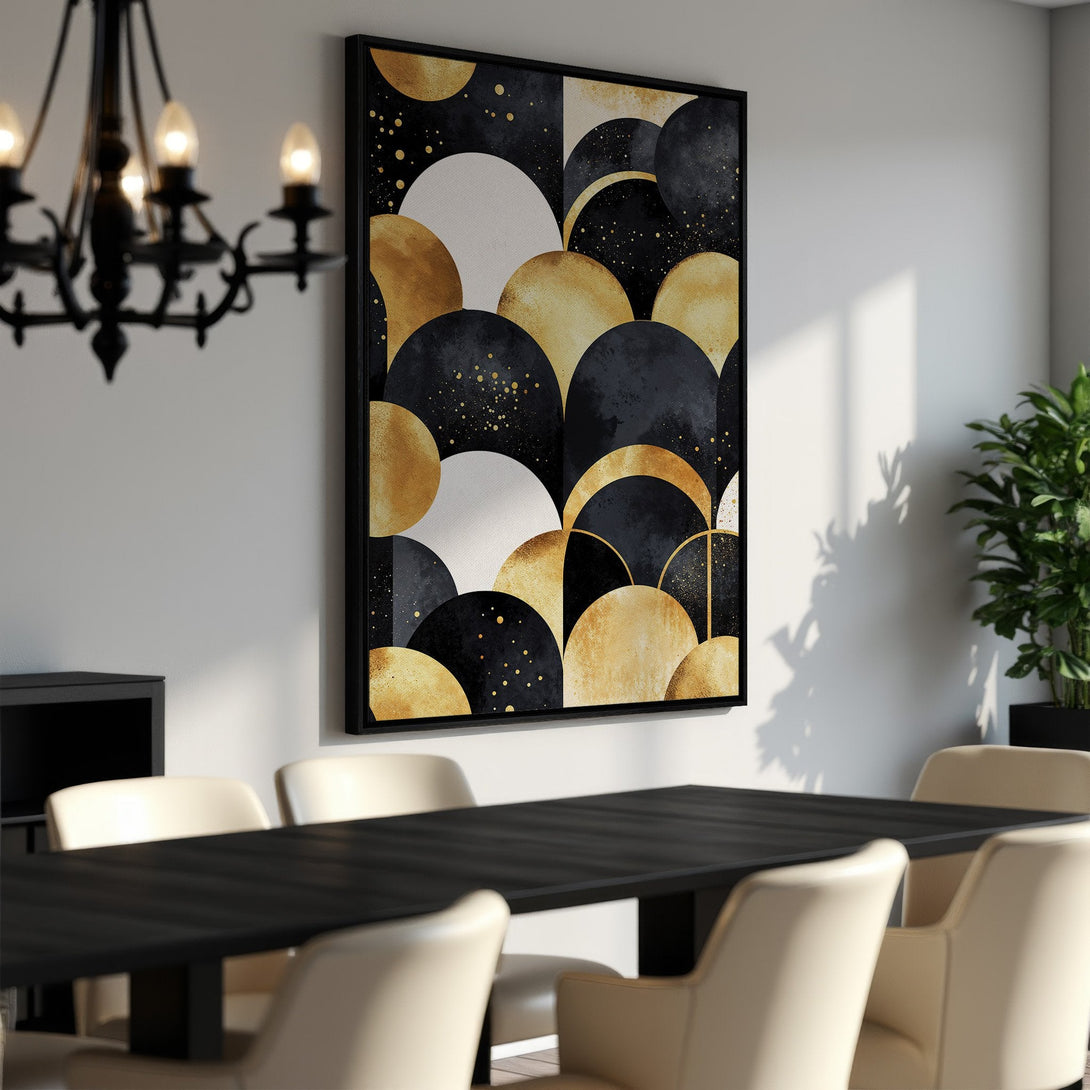Framed Wall Art: Abstract geometric design in black, gold, and white. Modern Canvas Print adds a touch of luxury to any interior decor.