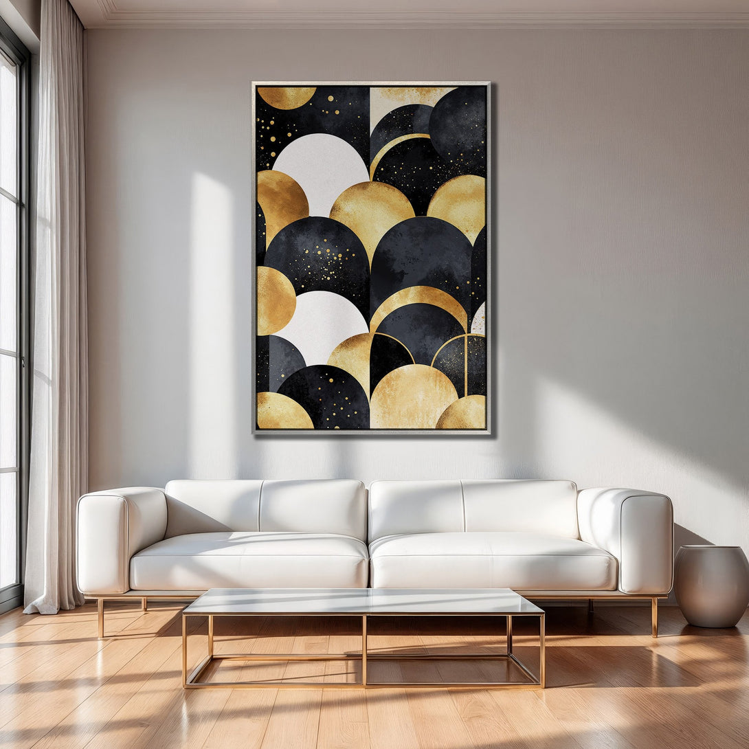 Framed Wall Art: Abstract geometric design in black, gold, and white. Modern art canvas print adds a touch of elegance to any living room.
