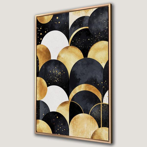 Framed Wall Art featuring an abstract geometric design in gold, black, and white. Modern Canvas Print perfect for adding elegance to your home decor.