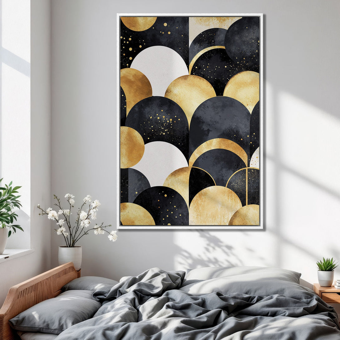 Framed Wall Art: Abstract geometric art in gold, black, and white. Modern canvas print adds a touch of luxury to any bedroom decor.