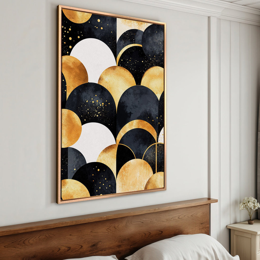Framed Wall Art featuring a modern abstract design in gold, black, and white. Perfect for adding a touch of luxury to any bedroom or living space.