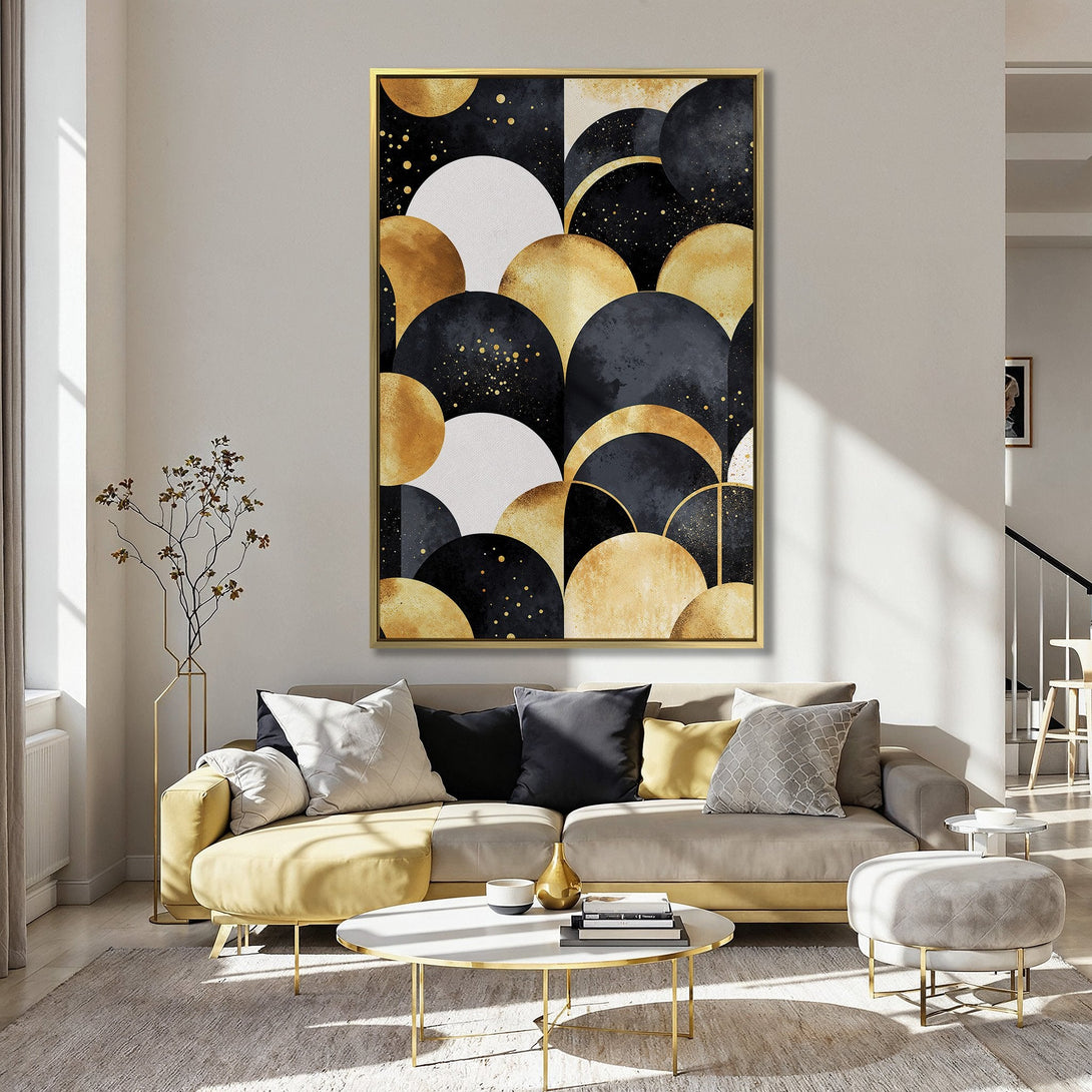 Abstract Canvas Print with gold, black, and white geometric design. Modern wall art in a kitchen interior with a pink wall.